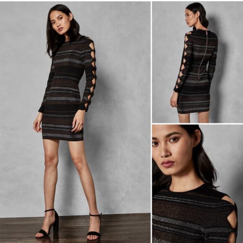 TED BAKER Black Metallic Stripe SIMONA Bow Tie Cut-Out Knit Bodycon Dress